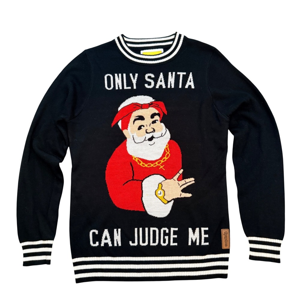 Tipsy Elves Only Santa Can Judge Me Sweater Mens Small Black Funny Ugly Holiday‎